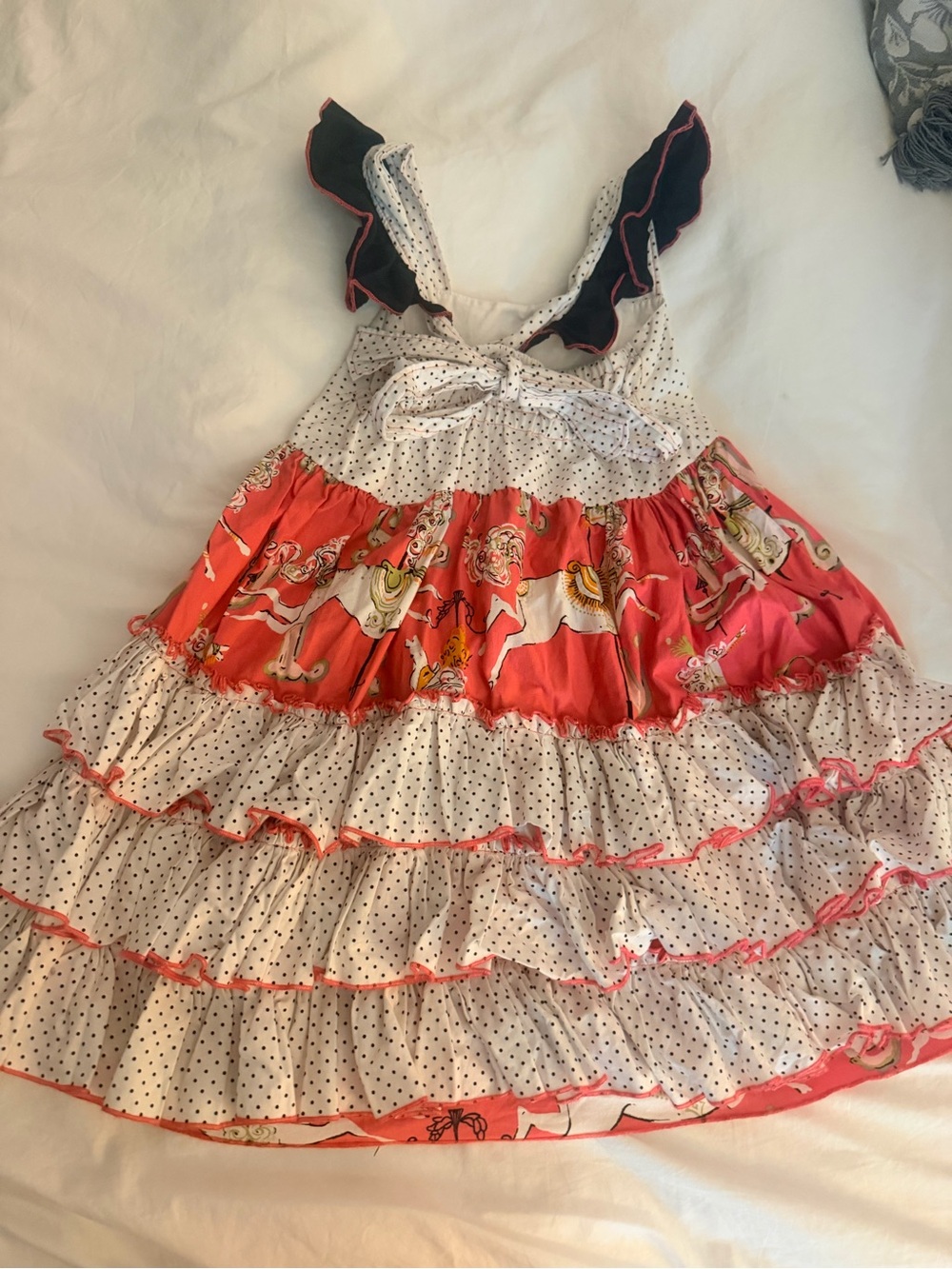 Olive Mae Girls Tiered Polka Dot & Carousel Print Dress in pink and White